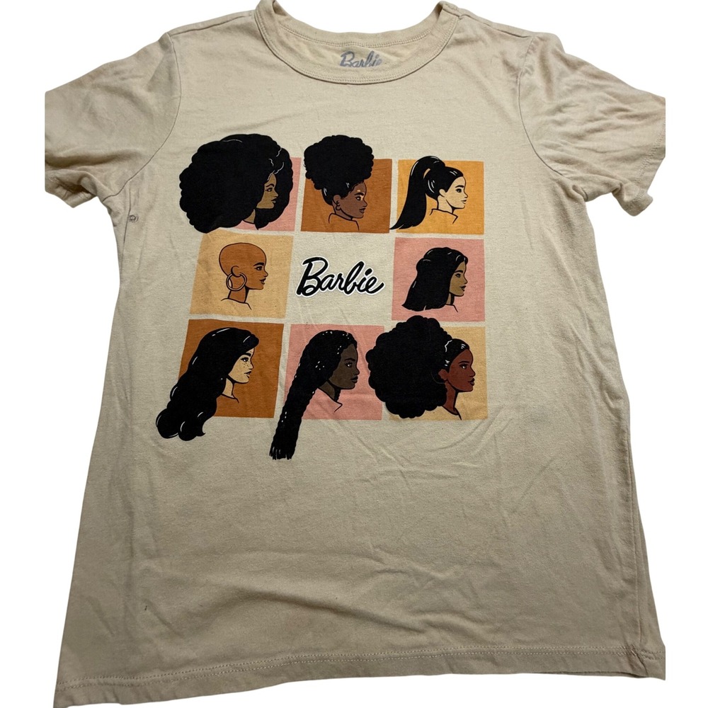 Barbie Graphic T-Shirt Tan Diverse Silhouette Hair Grid Short Sleeve XS